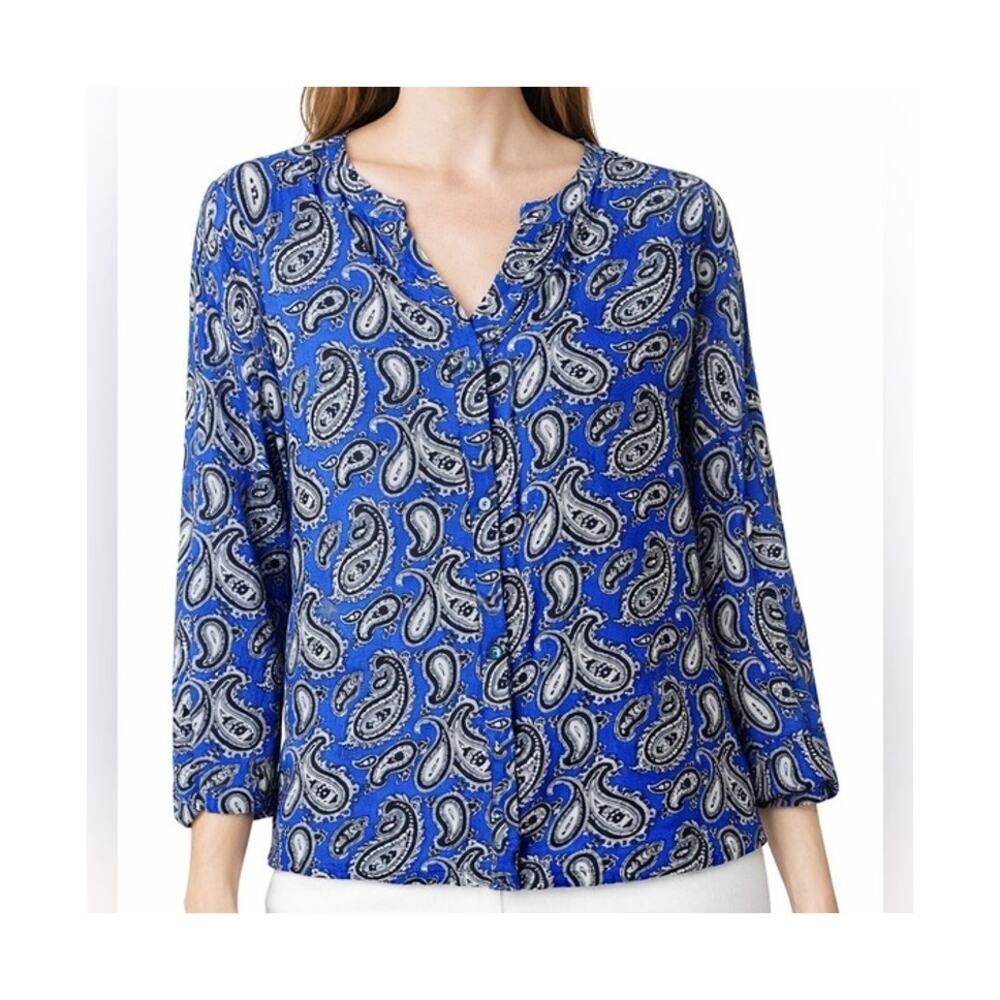 Banana Republic Top Womens Medium Blue Paisley Long Sleeve Pullover Relaxed Fit